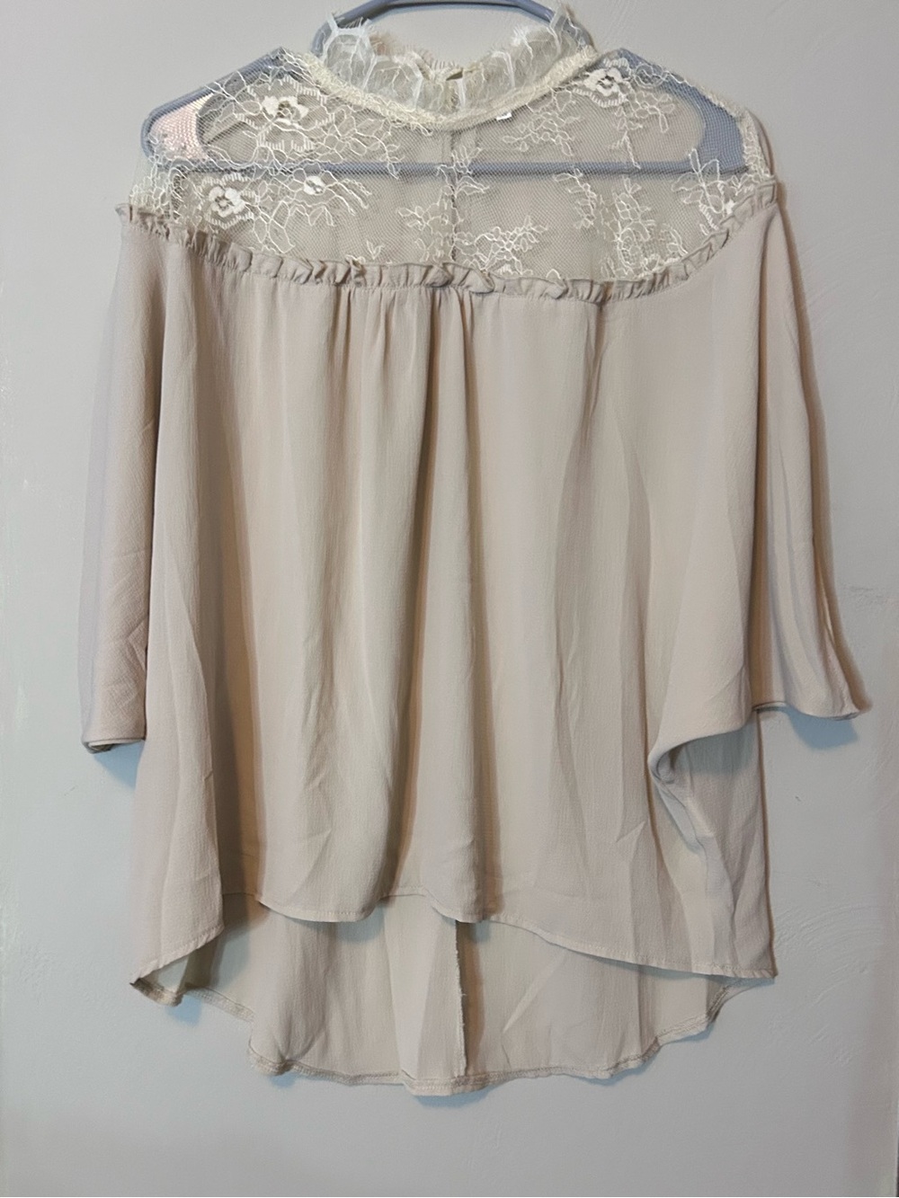 Lace Yoke Flowy Blouse in Light Beige Size Medium